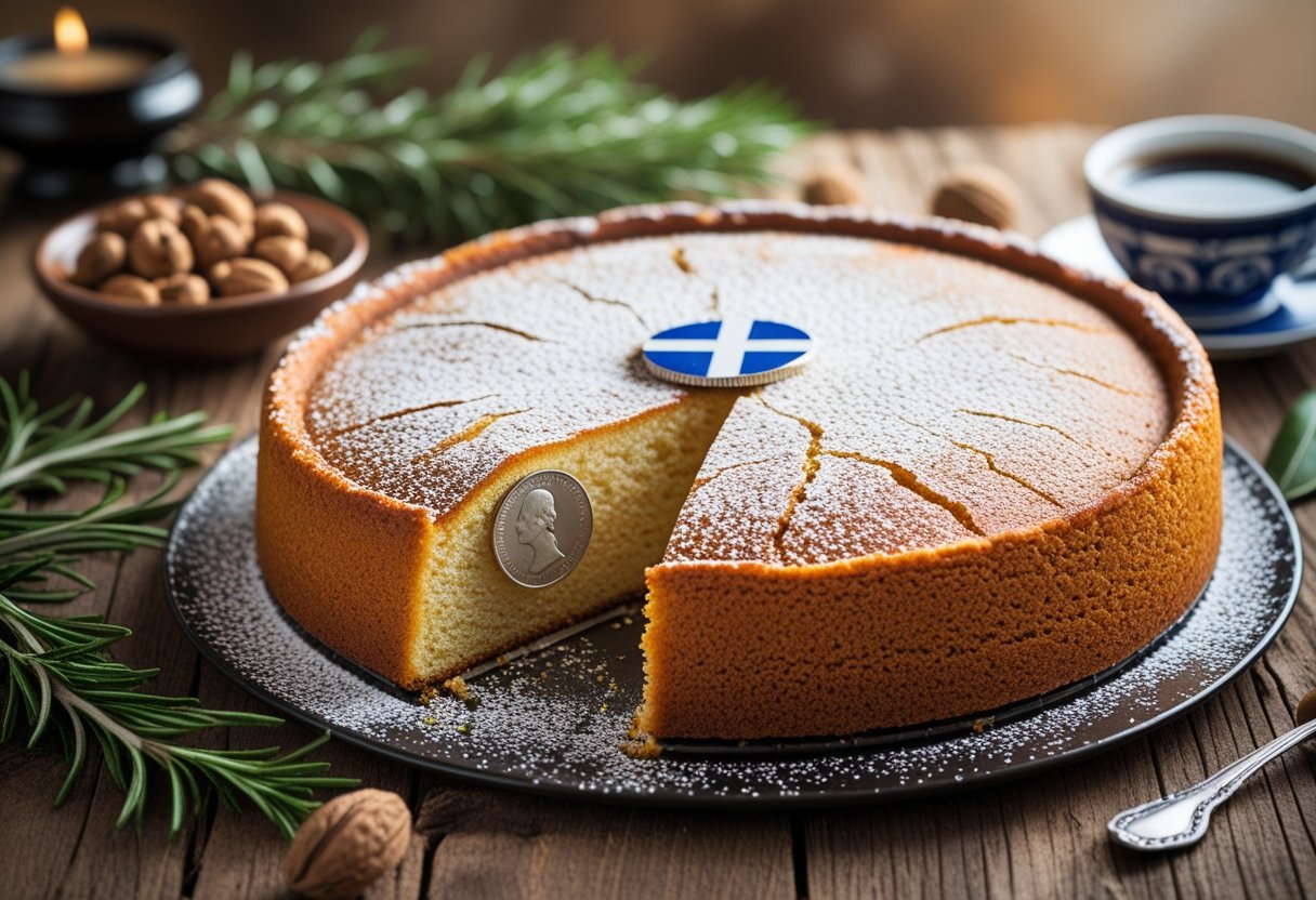 A round Greek Vasilopita cake with powdered sugar on a wooden table, decorated with herbs and a cup of coffee nearby.