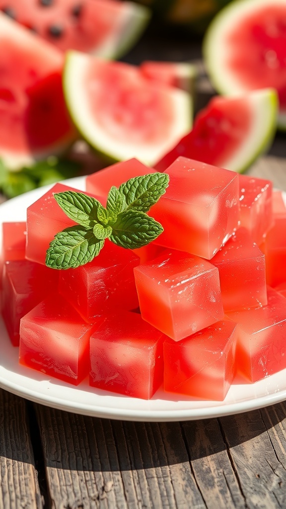 Cubes of watermelon jelly garnished with mint leaves on a rustic table with watermelon slices.