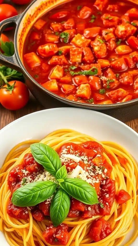 A bowl of homemade spaghetti sauce with fresh tomatoes and herbs, served over spaghetti with basil and parmesan.