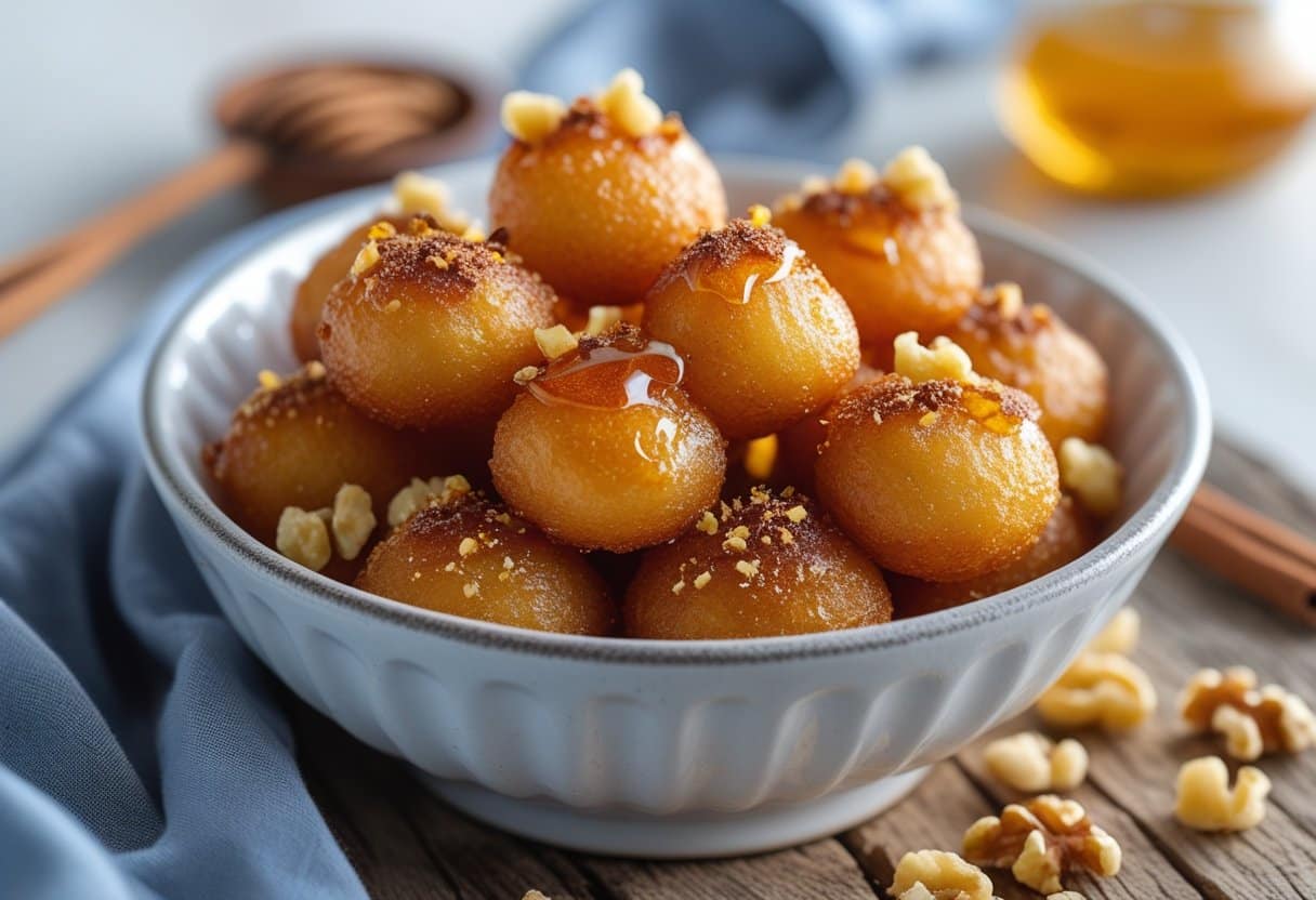 Close-up of a bowl of golden loukoumades drizzled with honey and sprinkled with cinnamon and walnuts on a wooden table.