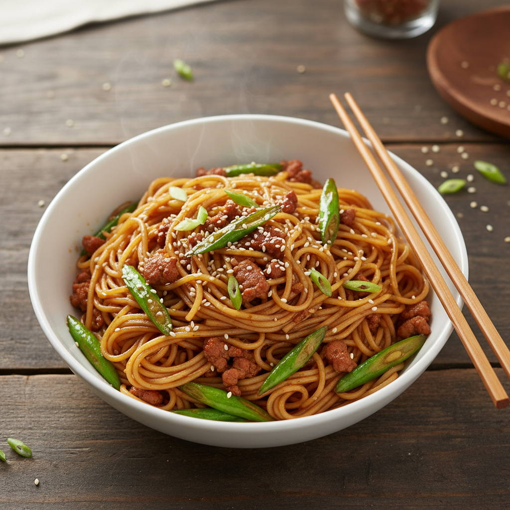 Noodles with Garlic Scape and Meat
